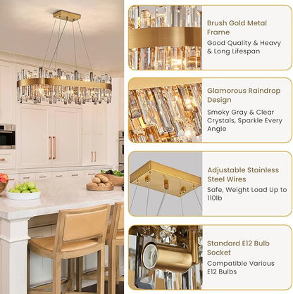 Siljoy 16-Light Modern Crystal Chandelier, Luxury Dimmable Brass Gold K9 Raindrop Crystal Chandelier, Adjustable Crystal Pendant Ceiling Light for Dining Room Living Room Kitchen Island L35.4''