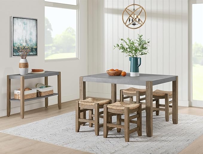 Alaterre Furniture Newport Dining Table for 4 – Rustic Industrial 6-Piece Dining Set Includes 48” x 30” Faux Concrete Kitchen Table, 4 Rush-Seat Stools & Side Buffet Console for Small Spaces