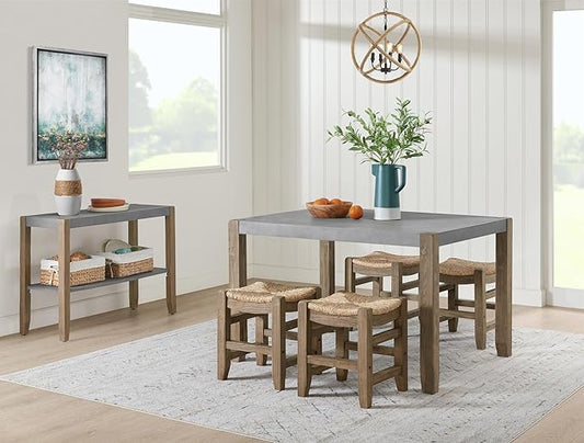Alaterre Furniture Newport Dining Table for 4 – Rustic Industrial 6-Piece Dining Set Includes 48” x 30” Faux Concrete Kitchen Table, 4 Rush-Seat Stools & Side Buffet Console for Small Spaces