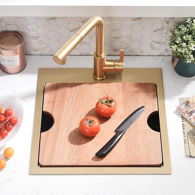 15x17 Gold Drop In Bar Sink with Faucet - 15 Inch Gold Drop In Small Kitchen Sink and Faucet Combo Set, 9 Inch Deep Stainless Steel Bar Sinks Workstation with Accessories