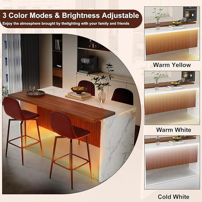 Runboll 63" Large Island Table Set with 4 Bar Stools, Modern Faux Marble Dining Table Set with Multi-Color LED Lights, Kitchen Island with Grille Design for Dining Room, Home, Office, Living Room