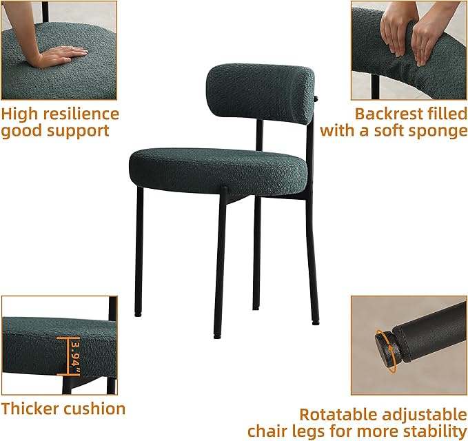 DYHOME Green Dining Chairs Set of 2, Mid-Century Modern Dining Chairs, Kitchen Dining Room Chairs, Curved Backrest Round Upholstered Boucle Sherpa Dining Chair with Black Metal Legs