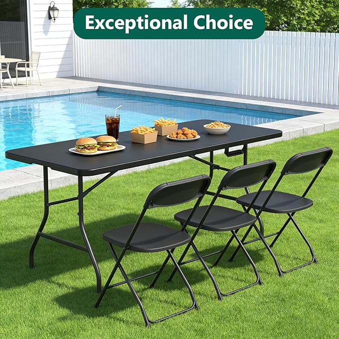 Folding Table 6ft - Heavy Duty Plastic Table with Handle, Foldable & Portable, Fold-in-Half Utility Tables for Outdoor, Dining, Wedding, Events, Indoor, Picnic, Camping, Party (Black)