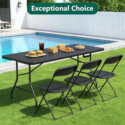 Folding Table 6ft - Heavy Duty Plastic Table with Handle, Foldable & Portable, Fold-in-Half Utility Tables for Outdoor, Dining, Wedding, Events, Indoor, Picnic, Camping, Party (Black)