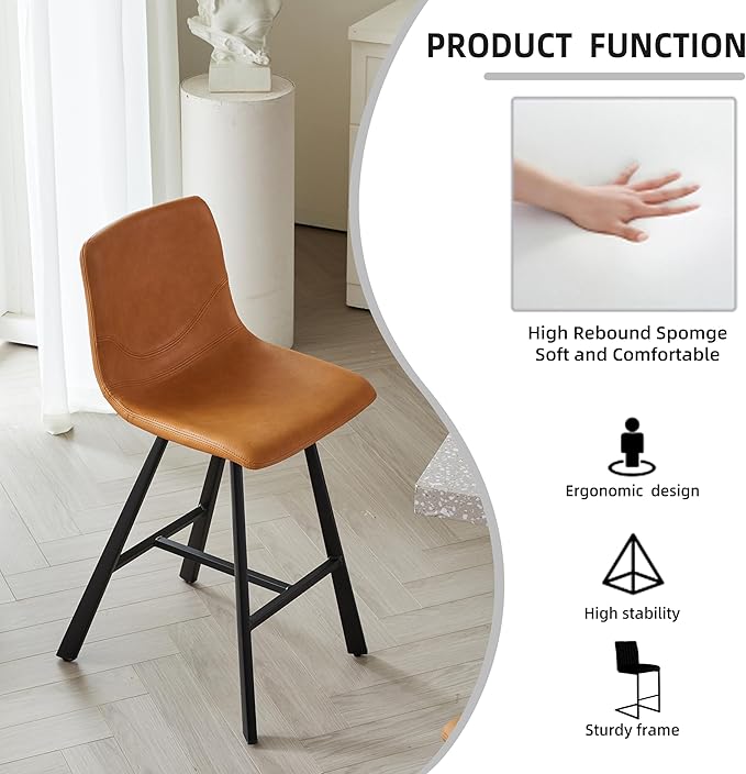 26" Counter Height Bar Stools Set of 2,Faux Leather Barstools with Ergonomic Backrest & Footrest, Sturdy Black Metal Frame PU Bar Chairs for Kitchen Island, Home Bar, Restaurant (Cognac)