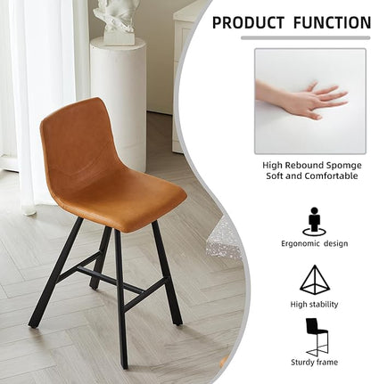 26" Counter Height Bar Stools Set of 2,Faux Leather Barstools with Ergonomic Backrest & Footrest, Sturdy Black Metal Frame PU Bar Chairs for Kitchen Island, Home Bar, Restaurant (Cognac)