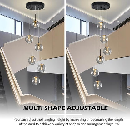 KoKo&Yukina Gold 6-Light Globe Chandelier Modern Globe Pendant Light Dining Light Fixtures Ceiling Hanging Stairwell Lighting Adjustable Staircase Lights Grey Glass Light Fixture for Kitchen