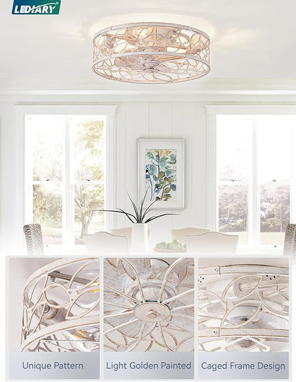 LEDIARY Caged Ceiling Fans with Lights, White Flush Mount Ceiling Fan with Remote&App, Small Low Profile Bladeless Ceiling Fan Light Fixture for Bedroom, Kitchen, Dining Room-White Gold Color