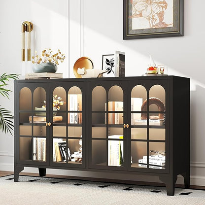 Foreate Sideboard Buffet Cabinet with Glass Door & LED Light, 53.2" Large Buffet Cabinet with Storage & Adjustable Shelf, Farmhouse Sideboard Credenzas Metal Kitchen Buffet, Black