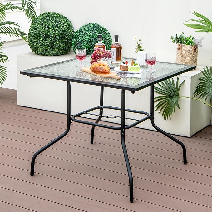HAPPYGRILL Patio Square Dining Table 35" x 35", Outdoor Dining Table with Tempered Glass Tabletop & 1.5" Umbrella Hole, Metal Bistro Table for Garden Backyard and Porch
