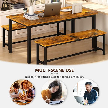 DKLGG Dining Table Set for 4, 47.2'' Kitchen Table with 2 Benches, 3 Piece Farmhouse Dining Room Table Set, Space-Saving Dinette for Kitchen, Dining Room, Apartment, Metal Frame & MDF Board