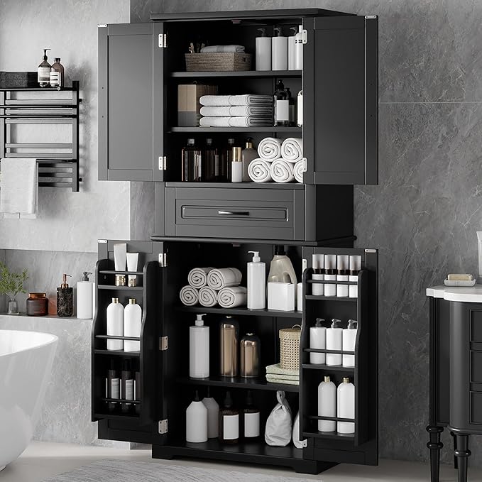 Merax 72" Tall Kitchen Pantry Storage Cabinet, Farmhouse Freestanding Large Cupboard with One Drawer, Bathroom Cabinet with Adjustable Shelves, 6 Door-Shelf for Dining Room, Black