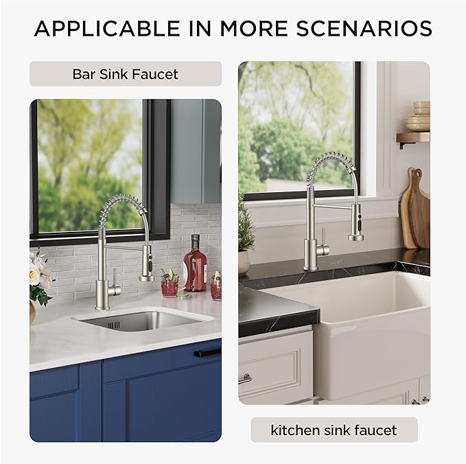 FORIOUS Kitchen Faucet with Soap Dispenser, Brushed Nickel Stainless Steel Sink Faucet with Sprayer Single Handle, Commercial Modern Spring Faucet for Kitchen Sink, Bar & Prep Sink, Laundry RV Camper