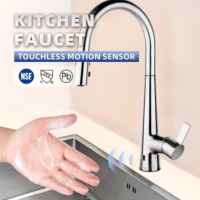 E8305xxxxx Touchless Faucets with Pull Down Sprayer, Motion Sensor Activated, 360 Degree Swivel, Brass Finish, 1.34-1.50 Inch Hole Diameter