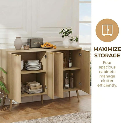 Natual Oak 47.2" Modern Fluted Wood Sideboard – 4-Door Buffet Cabinet with Adjustable Shelves, Multi-Space Storage Credenza for Living Room, Dining Room & Entryway