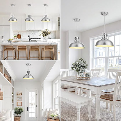 Refice Brushed Nikcel Farmhouse Pendant Lights Industrial Pendant Lighting for Kitchen Island Adjustable Height Dome Hanging Lights for Barn, Dining Room 2 Packs