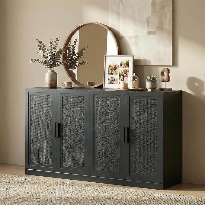Casaphoria Adam Sideboard Buffet Cabinet with Storage, Sideboard Cabinet with Rattan Doors & Adjustable Shelves, 62" W x 36" H Coffee Bar for Entryway Kitchen Living Room, Black
