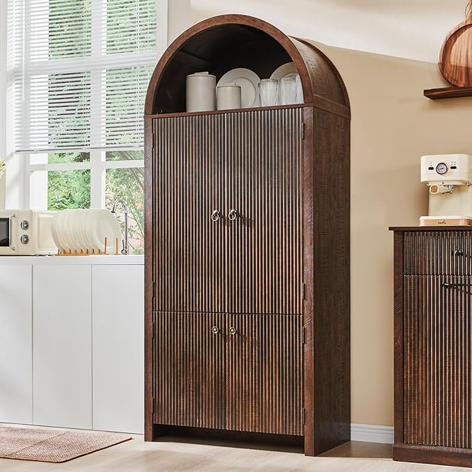 IFBUY 71" Tall Arched Bathroom Storage Cabinet, Modern Fluted Storage Cabinet w/Doors, 3 Adjustable Shelves, 6 Door Shelves, Wood Freestanding Cabinet for Bathroom, Entryway, Hallway, Brown