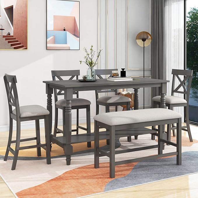 VilroCaz Modern Elegant 6-Piece Counter Height Kitchen Dining Table Set, Solid Wood 60'' Rectangle Table with Bottom Shelf, 4 Comfort Upholstered Chairs 1 Bench for Dining Room Restaurant (Gray)