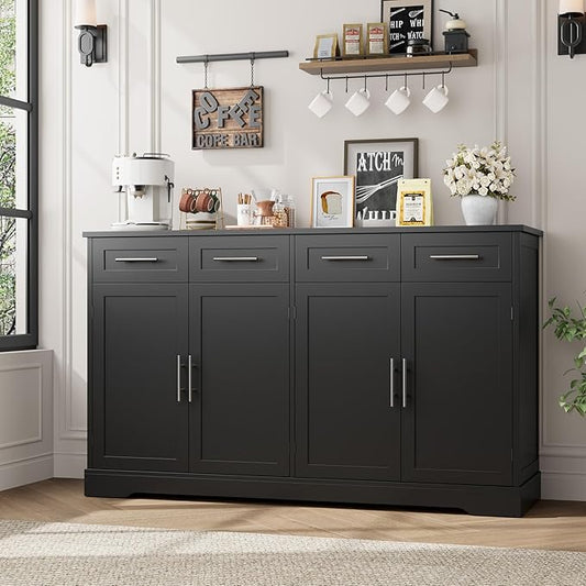 HOSTACK 60" Large Buffet Sideboard with Storage, 36" Tall Kitchen Buffet Storage Cabinet with 4 Drawer, Modern Coffee Bar Cabinet with Silver Handle, Long Sideboard Buffet Table for Living Room, Black