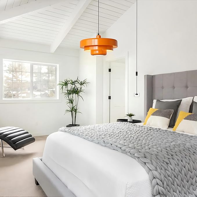 FCTWAKS Plug in Pendant Light, Mid Century Orange Hanging Lights with Plug in Cord, 3-Layer Metal Shade, Adjustable Pulley, Dimmable, Vintage Hanging Lamp for Bedroom, Kitchen Island, Dining Room