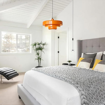 FCTWAKS Plug in Pendant Light, Mid Century Orange Hanging Lights with Plug in Cord, 3-Layer Metal Shade, Adjustable Pulley, Dimmable, Vintage Hanging Lamp for Bedroom, Kitchen Island, Dining Room