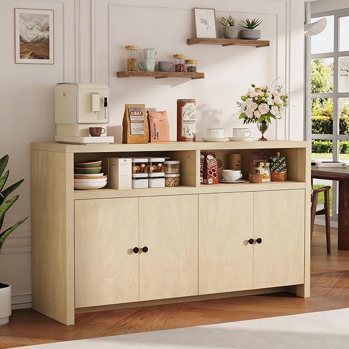 IDEALHOUSE Buffet Sideboard Cabinet with Storage, 55" Large Farmhouse Kitchen Storage Cabinet with 4 Doors & Adjustable Shelves, Wood Coffee Bar Cabinet for Kitchen, Dining Room, Living Room