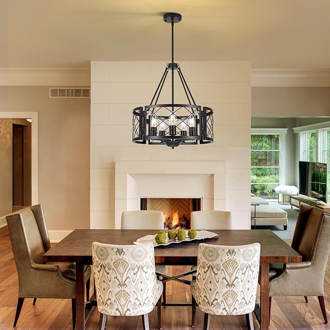 Sigaitwei 5-Light Farmhouse Chandelier Rustic Black Chandelier for Dining Room,Adjustable Pendant Light,Drum Chandelier for Kitchen Island Entryway Bedroom Hallway,18.9'',E26.
