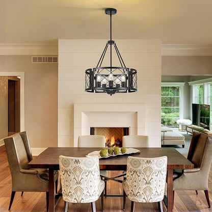 Sigaitwei 5-Light Farmhouse Chandelier Rustic Black Chandelier for Dining Room,Adjustable Pendant Light,Drum Chandelier for Kitchen Island Entryway Bedroom Hallway,18.9'',E26.