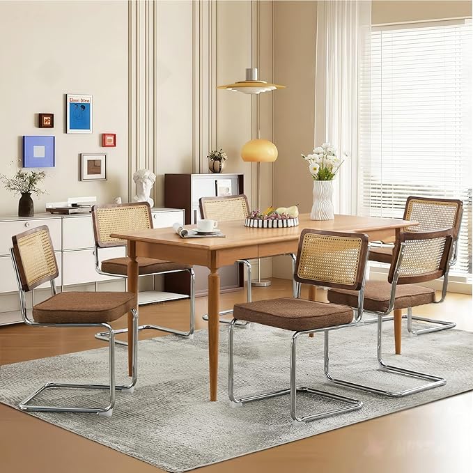 Coffee Rattan Dining Chairs Set of 6 Modern Breuer Designed Stainless Chrome Base Armless Upholstered Dining Chair for Dining Room, Kitchen Island