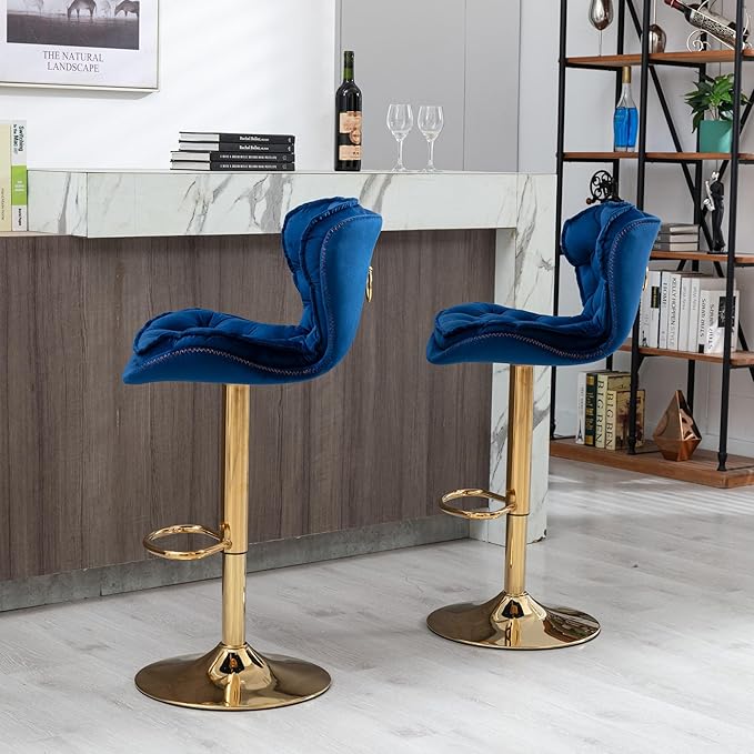 Rhomtree 24-33 Inch Swivel Bar Stools, Adjustable Counter Height Barstools, Velvet Tufted Back and Golden Footrest, Bar Chairs for Kitchen Island, Cafe, Bar, Bar Counter, Coffee(Navy Blue Set of 2)