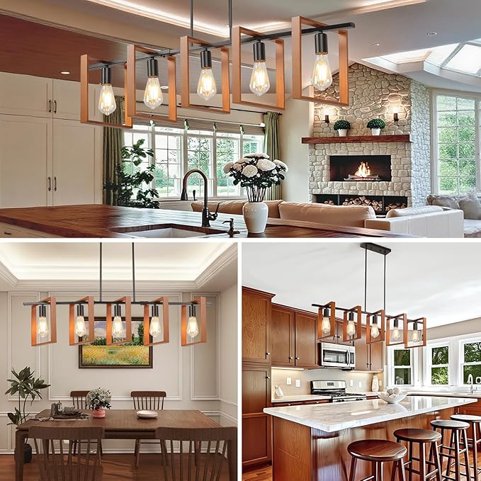 5-Light Farmhouse Kitchen Island Lighting, Adjustable Dining Room Light Fixtures, Black Rustic Wood Farmhouse Chandelier Hanging Ceiling Light for Kitchen,Bulbs Not Included