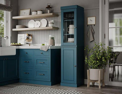 Palace Imports Solid Wood Kitchen Pantry - Narrow Storage Cabinet - 16.5" Wide x 71.5" Tall - 1 Raised Panel & 1 Glass Door, Teal Blue, Adjustable Shelves, 100% Eco-Friendly Wood, Modular Cabinets