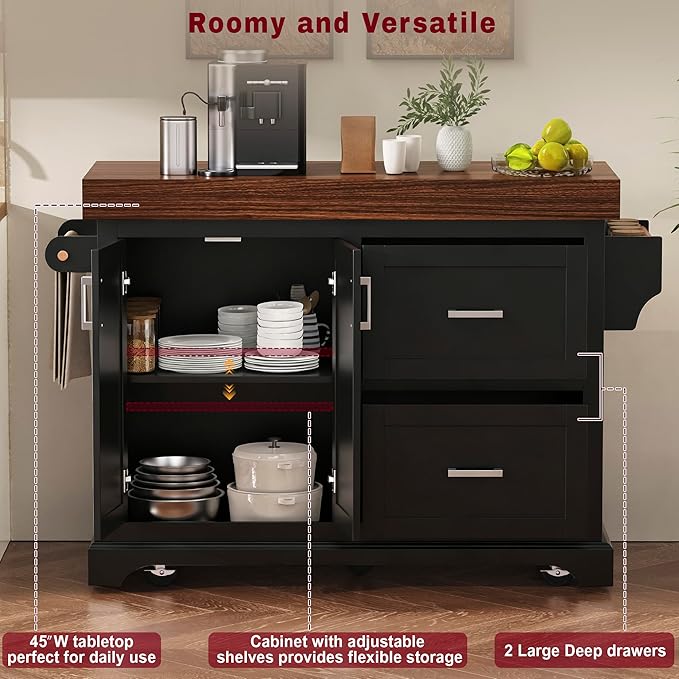 53.25" Large Kitchen Island with Storage on Wheels and 2 Extra-large Drawers, Rolling kitchen Island with Spice Rack and Towel Rack, Mobile Dining Table with 3.5" Thick Desktop and Cabinet Black