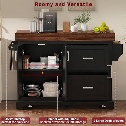 53.25" Large Kitchen Island with Storage on Wheels and 2 Extra-large Drawers, Rolling kitchen Island with Spice Rack and Towel Rack, Mobile Dining Table with 3.5" Thick Desktop and Cabinet Black