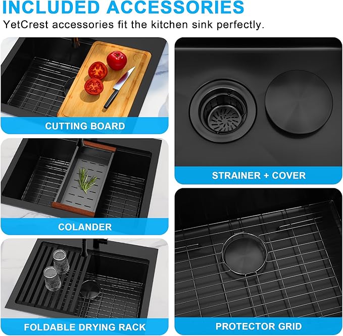 25 Inch Drop In Black Kitchen Sink,16 Gauge 304 Stainless Steel Kitchen Sink Single Bowl, 25" x 22" x 9" Ledge Workstation Sinks With All Accessories, Multi-Functional Workstation Sinks