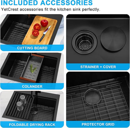 25 Inch Drop In Black Kitchen Sink,16 Gauge 304 Stainless Steel Kitchen Sink Single Bowl, 25" x 22" x 9" Ledge Workstation Sinks With All Accessories, Multi-Functional Workstation Sinks