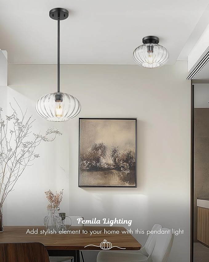 FEMILA 10.3" Pendant Light for Kitchen Island, Black Pendant Lighting, Dome Glass Pendant Light Vintage Light Fixtures for Bedroom Hotel Dining Room, 4FYD85MIL BK