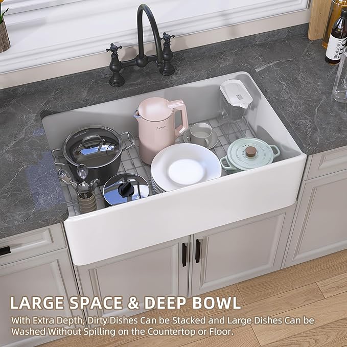 GETPRO Farmhouse Sink 33 Inch Fireclay White Kitchen Sink Apron Front Farm House Large Deep Single Bowl Undermount Modern Luxury Kitchen Basin Easy to Clean