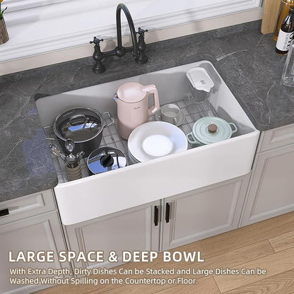 GETPRO Farmhouse Sink 33 Inch Fireclay White Kitchen Sink Apron Front Farm House Large Deep Single Bowl Undermount Modern Luxury Kitchen Basin Easy to Clean