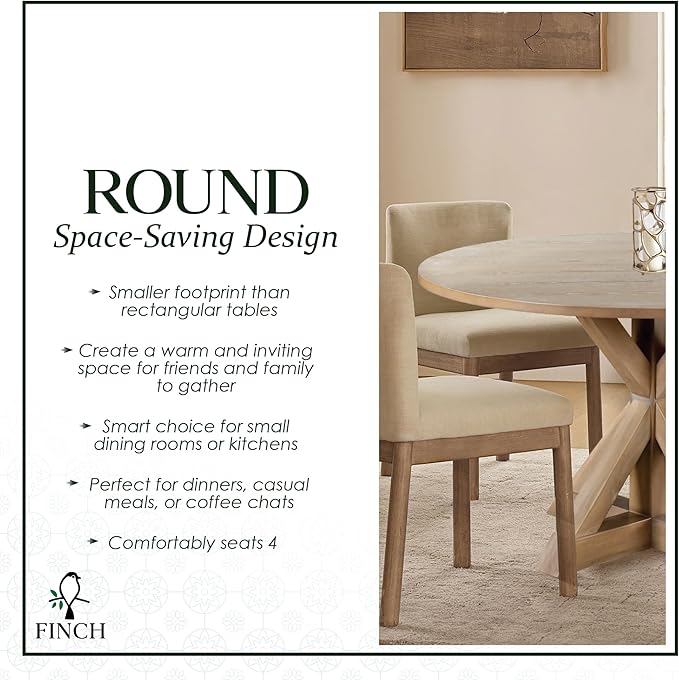 Finch Alfred Solid Wood Round Dining Table for 4, Farmhouse Kitchen and Dining Room Table with Rustic Pedestal Trestle Base, 46.5 Inch, Distressed Beige