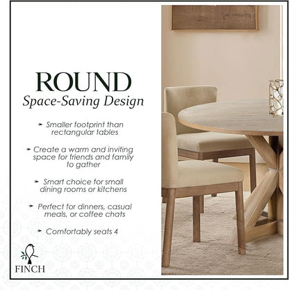 Finch Alfred Solid Wood Round Dining Table for 4, Farmhouse Kitchen and Dining Room Table with Rustic Pedestal Trestle Base, 46.5 Inch, Distressed Beige