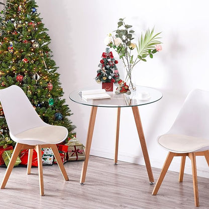 ivinta Round Dining Table for 4 People, 31.5" Modern Glass Kitchen Table with Tempered Glass Top and Wooden Legs for Dining Room, Living Room, RD-DT (Natural Wood)