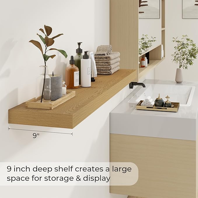 Dreamland 48 Inches Floating Shelves for Wall, 9.3 Inch Deep Floating Shelves Set of 2, Large Display & Storage Shelf, Wall Shelf for Bathroom Bedroom Living Room Kitchen Office,Oak