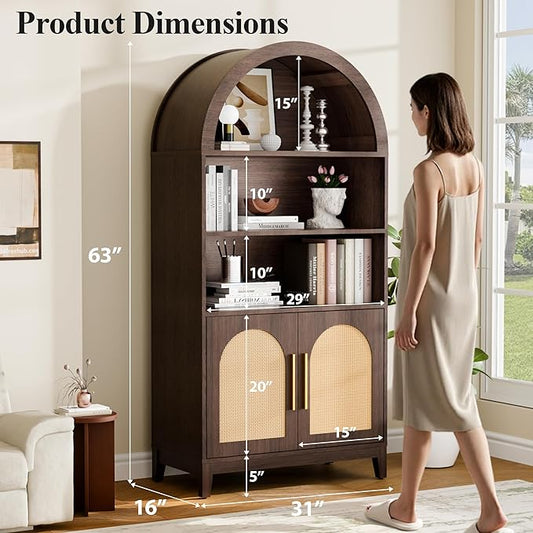 63" Tall Arched Pantry Cabinet with Doors, 5-Tier Arched Bookcase with Adjustable Shelves, Wood Storage Cabinet for Kitchen, Living Room, Office, Walnut
