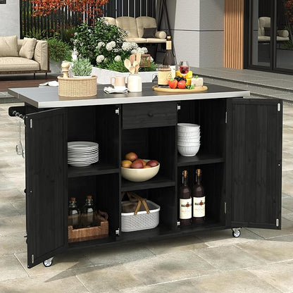 YOPTO Outdoor Kitchen Island Fir Wood Kitchen Island with Stainless Steel Top,Ample Storage Space,Towel and Spice Racks and a Bottle Opener for Outdoor,Black