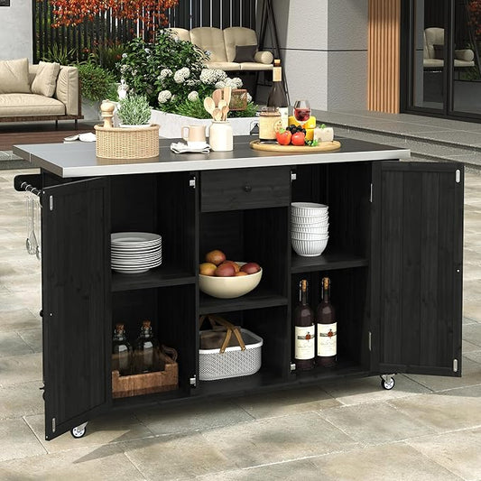 YOPTO Outdoor Kitchen Island Fir Wood Kitchen Island with Stainless Steel Top,Ample Storage Space,Towel and Spice Racks and a Bottle Opener for Outdoor,Black