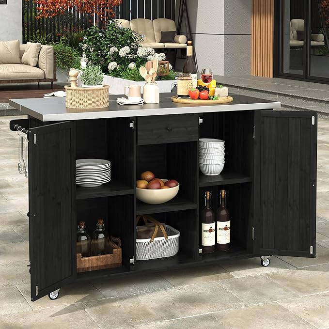 Flieks Outdoor Kitchen Island Fir Wood Kitchen Island with Stainless Steel Top, Ample Storage Space, Towel and Spice Racks and a Bottle Opener for Outdoor, Black