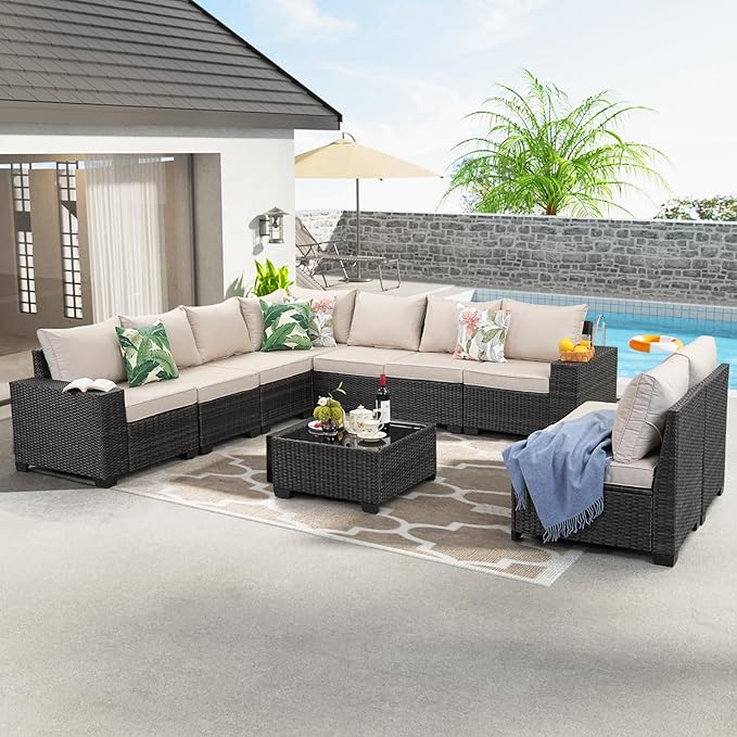 JOYURE 10 Pieces Patio Furniture Set All-Weather Outdoor Wicker Sectional Conversation Sofa Rattan Patio Seating Sofa with Cushion and Glass Table for Porch Poolside,Beige