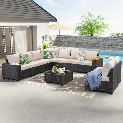 JOYURE 10 Pieces Patio Furniture Set All-Weather Outdoor Wicker Sectional Conversation Sofa Rattan Patio Seating Sofa with Cushion and Glass Table for Porch Poolside,Beige